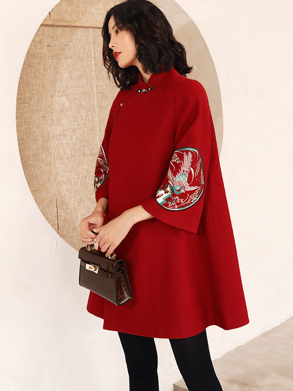 Burgundy Embroidered Wool Blend Women Qipao Tang Coat