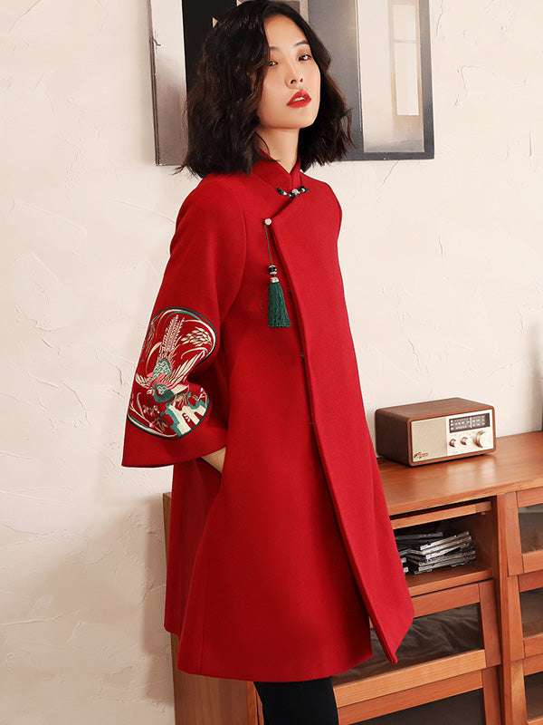 Burgundy Embroidered Wool Blend Women Qipao Tang Coat