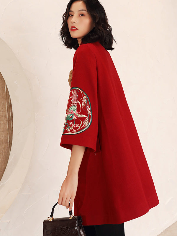 Burgundy Embroidered Wool Blend Women Qipao Tang Coat