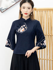 Two Piece Red Blue Bell Sleeve Cheongsam Qi Pao Blouse Top
