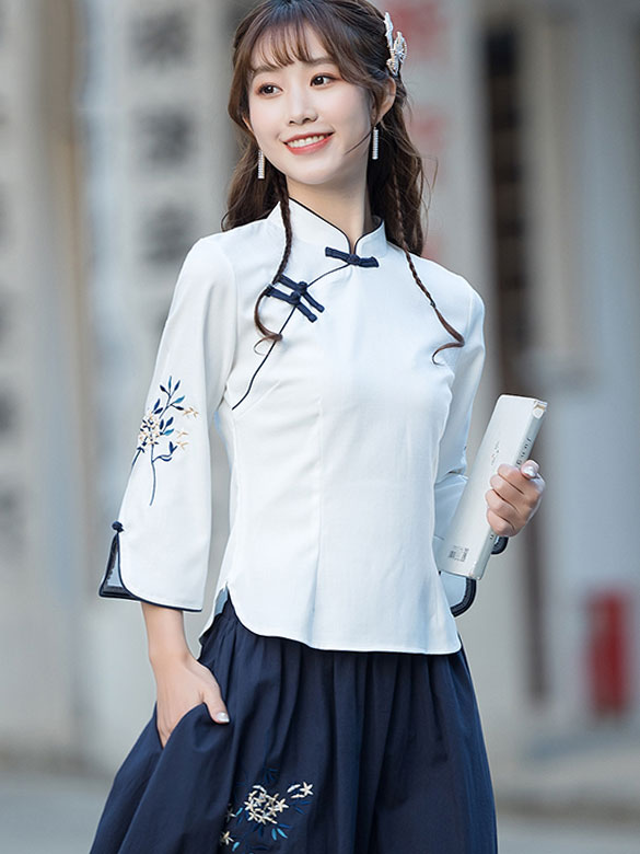 White Embroidered Cheongsam Qipao Blouse Top