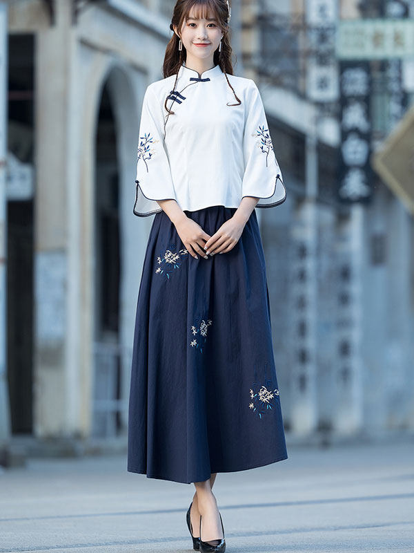 White Embroidered Cheongsam Qipao Blouse Top