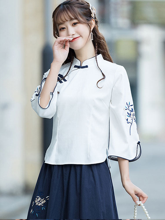 White Embroidered Cheongsam Qipao Blouse Top