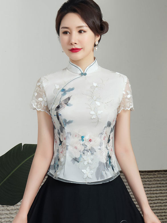 Floral Embroidered Qi Pao Cheongsam Shirts Top