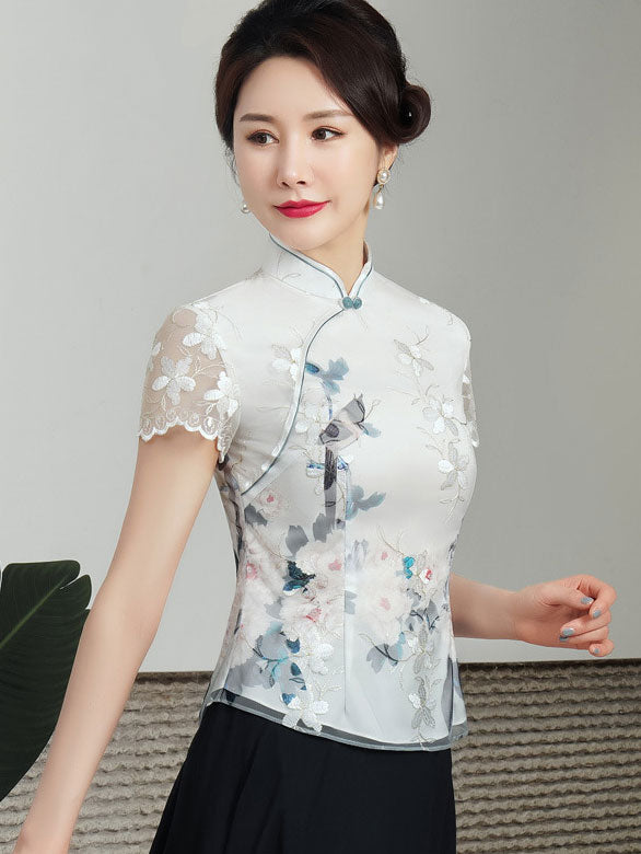 Floral Embroidered Qi Pao Cheongsam Shirts Top