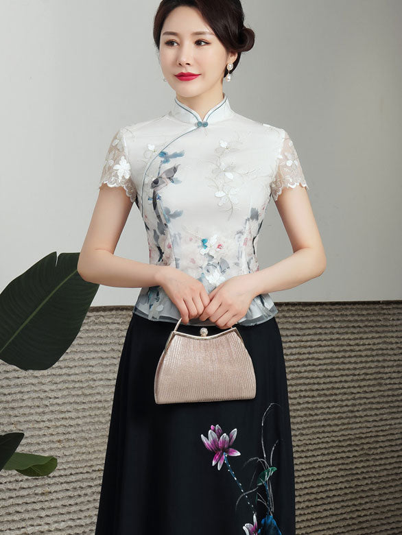 Floral Embroidered Qi Pao Cheongsam Shirts Top