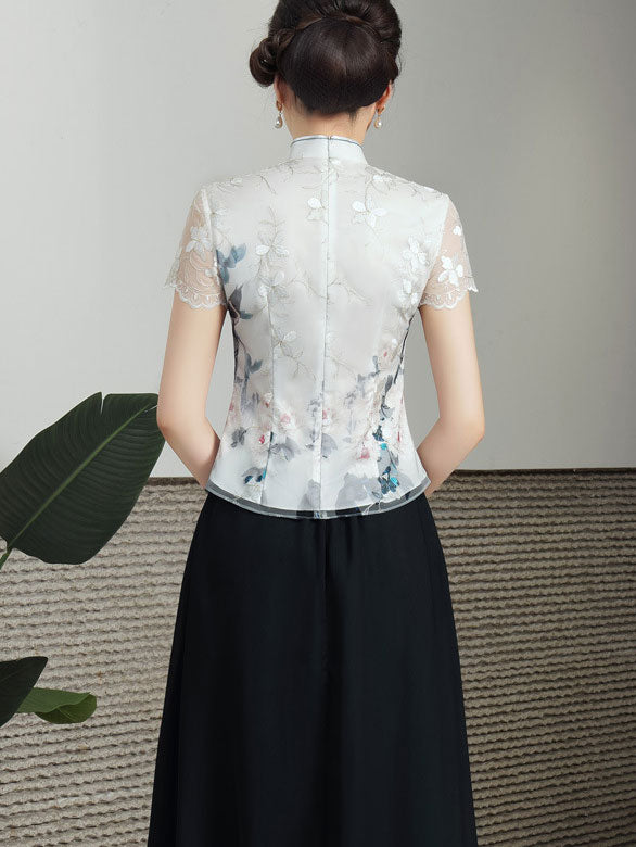 Floral Embroidered Qi Pao Cheongsam Shirts Top