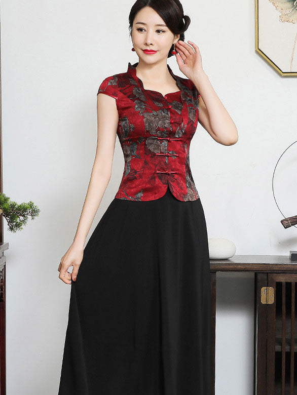 Red Black Mothers Floral Cheongsam Blouse Top