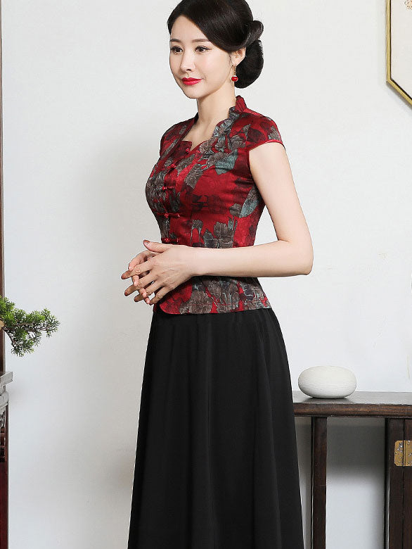Red Black Mothers Floral Cheongsam Blouse Top