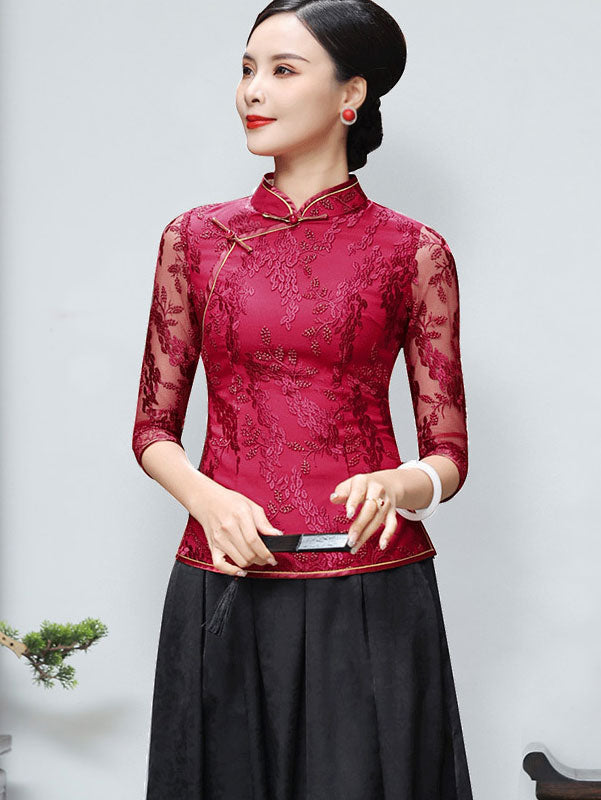 Red Floral Lace Cheongsam Qi Pao Blouse Top