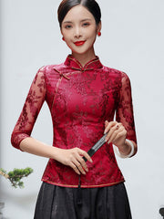 Red Floral Lace Cheongsam Qi Pao Blouse Top