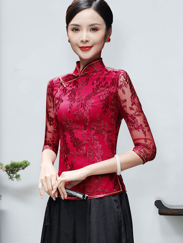 Red Floral Lace Cheongsam Qi Pao Blouse Top