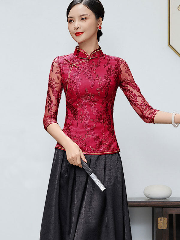 Red Floral Lace Cheongsam Qi Pao Blouse Top