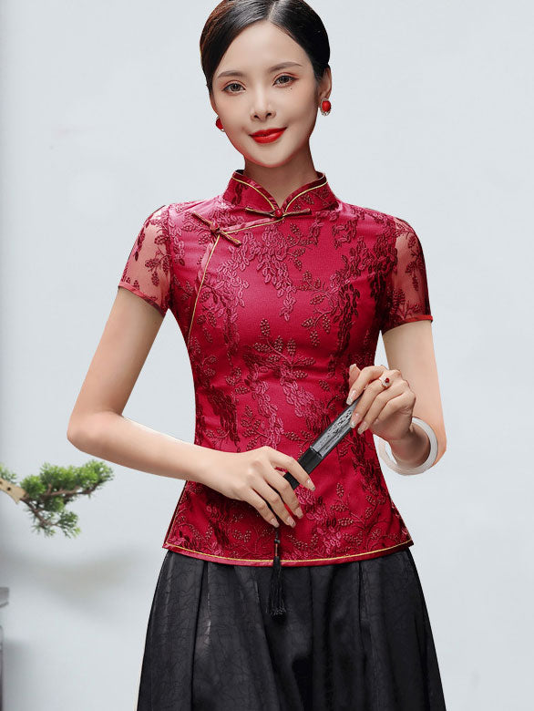 Red Floral Lace Cheongsam Qi Pao Blouse Top
