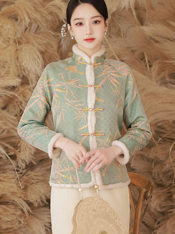 Blue Beige Fur Trim Jacquard Women Cheongsam Tang Coat