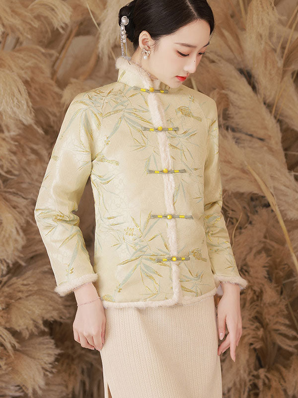 Blue Beige Fur Trim Jacquard Women Cheongsam Tang Coat