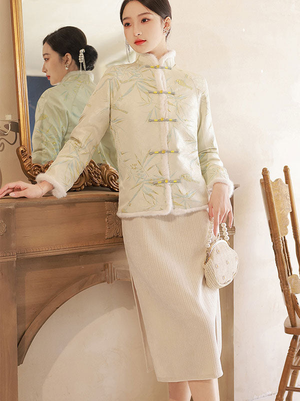 Blue Beige Fur Trim Jacquard Women Cheongsam Tang Coat