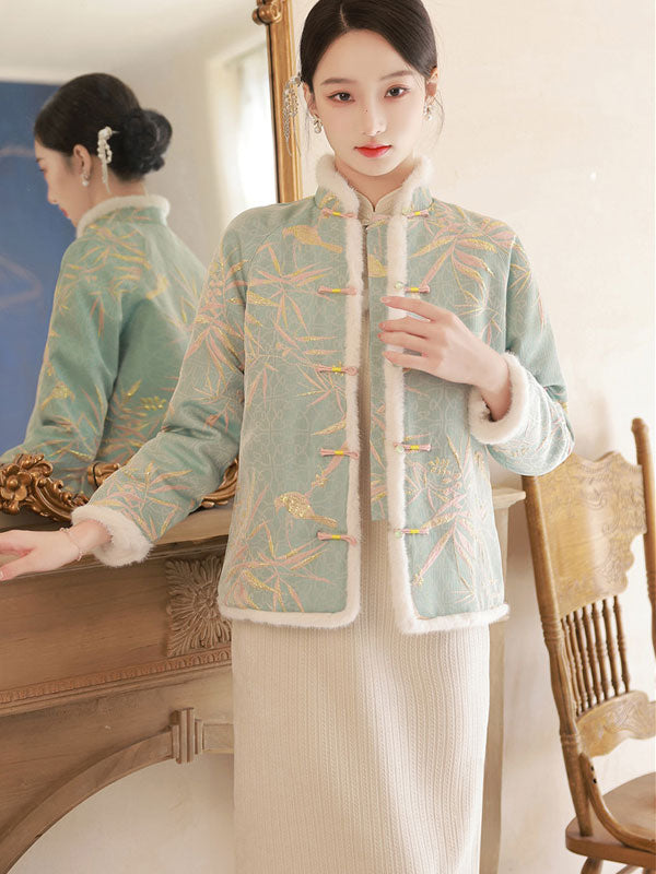 Blue Beige Fur Trim Jacquard Women Cheongsam Tang Coat