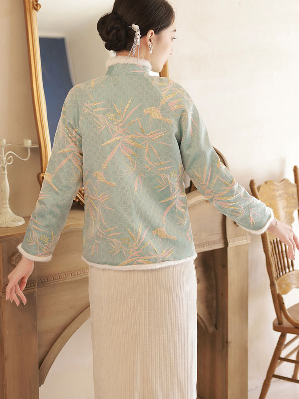 Blue Beige Fur Trim Jacquard Women Cheongsam Tang Coat