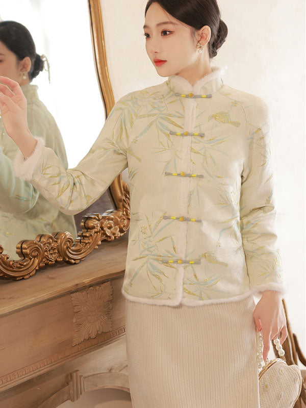 Blue Beige Fur Trim Jacquard Women Cheongsam Tang Coat