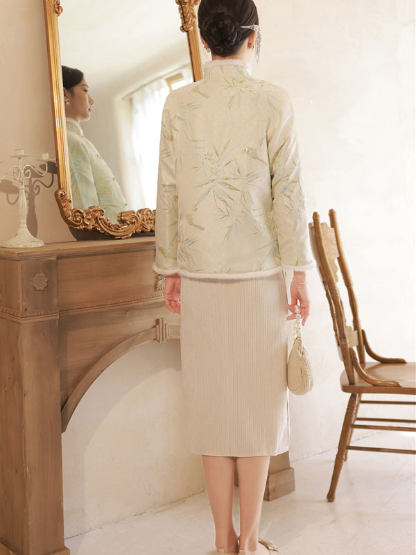 Blue Beige Fur Trim Jacquard Women Cheongsam Tang Coat