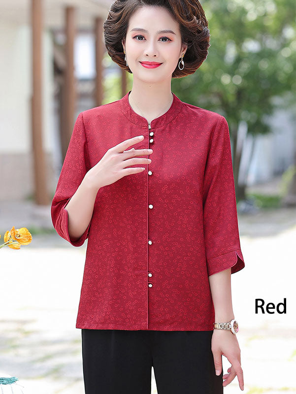Blue Red Floral Mothers Summer Cheongsam Blouse Top