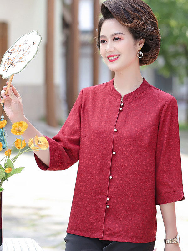 Blue Red Floral Mothers Summer Cheongsam Blouse Top
