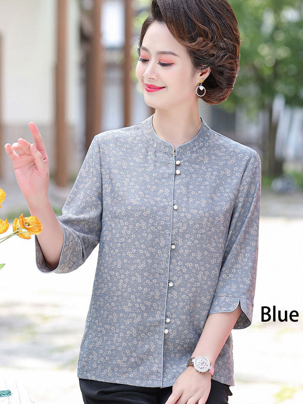 Blue Red Floral Mothers Summer Cheongsam Blouse Top