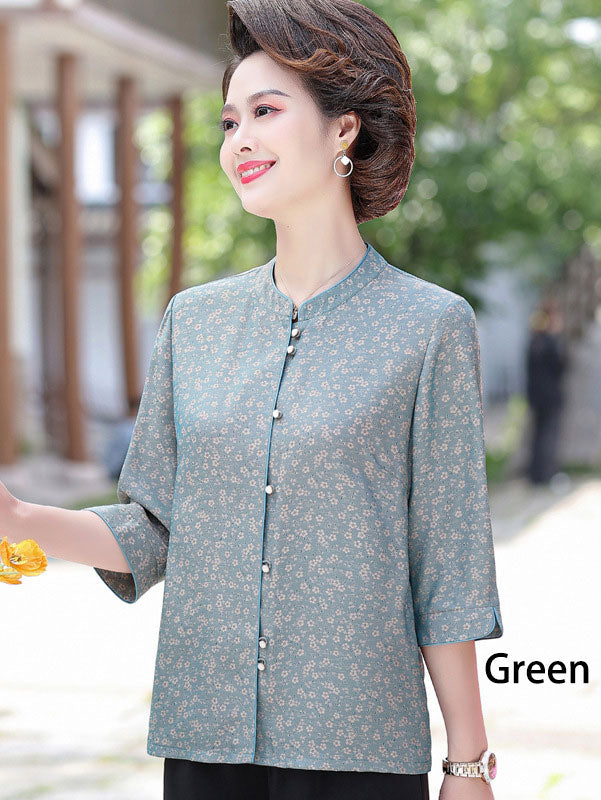 Blue Red Floral Mothers Summer Cheongsam Blouse Top