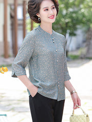 Blue Red Floral Mothers Summer Cheongsam Blouse Top