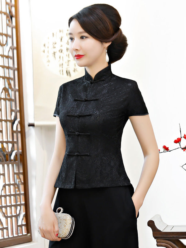 Black White Lace Cheongsam Blouse Top
