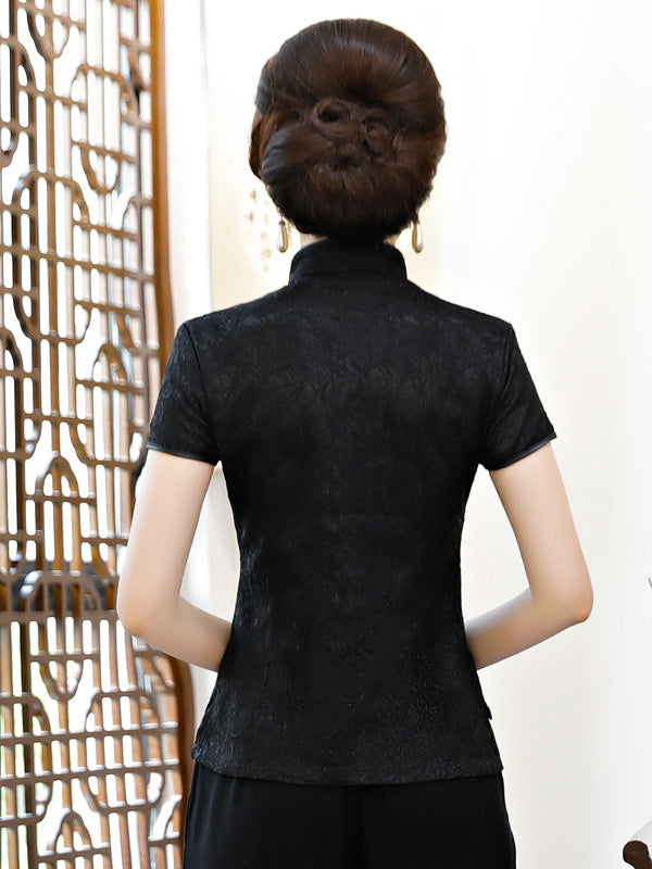 Black White Lace Cheongsam Blouse Top
