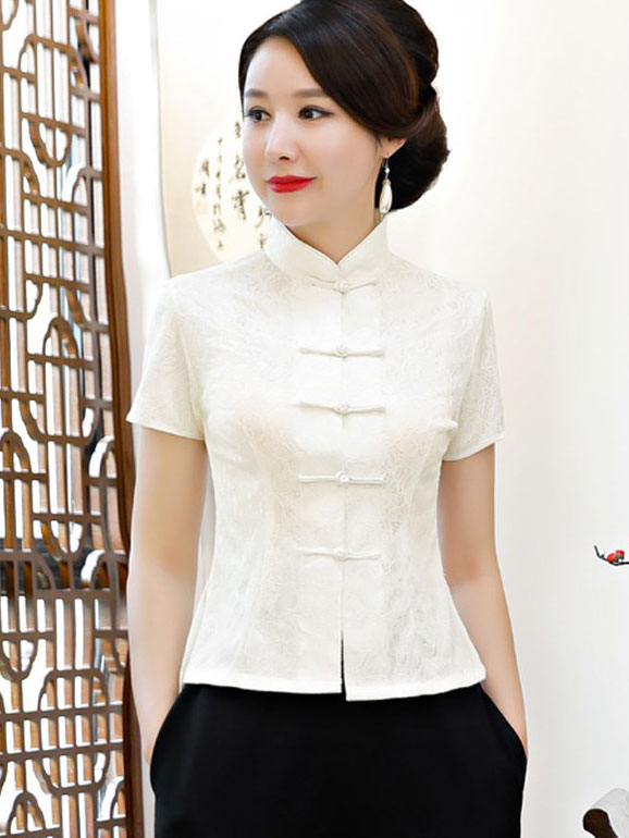 Black White Lace Cheongsam Blouse Top