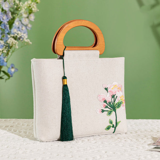 Green Beige Embroidered Linen Wooden Handle Handbag