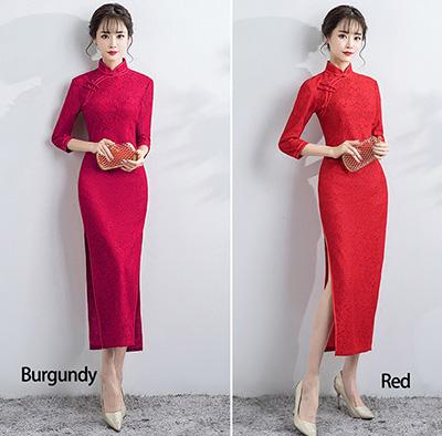 Red Lace Ankle-Length Qipao / Cheongsam Party Dress