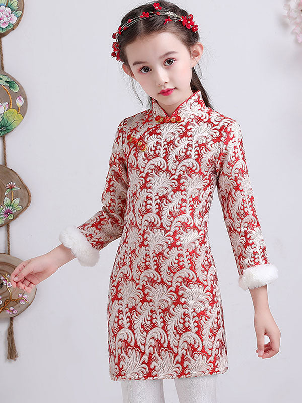 Red Woven Kids Girls Qipao / Cheongsam Winter Dress