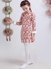 Red Woven Kids Girls Qipao / Cheongsam Winter Dress