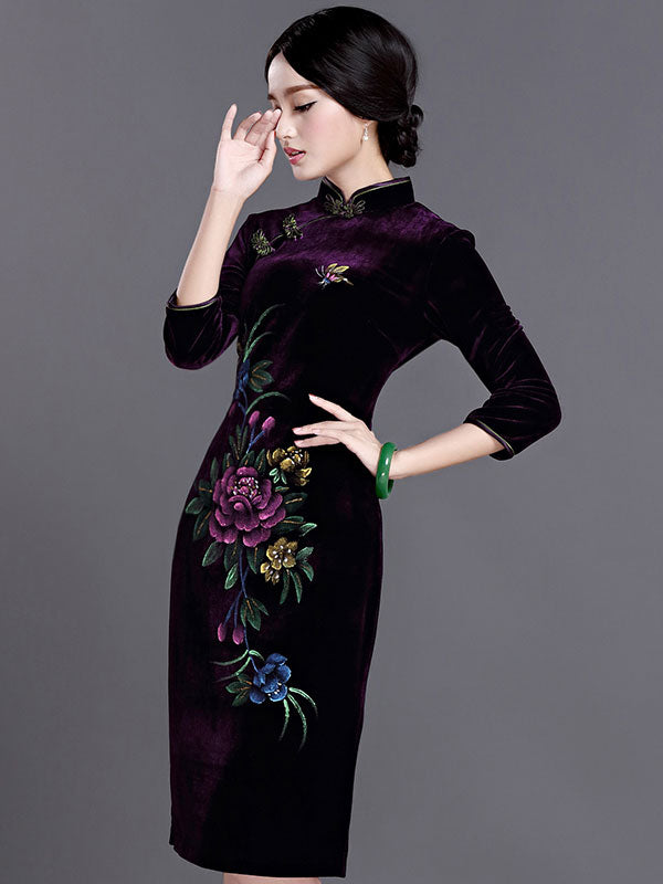 Velvet Midi Qipao / Cheongsam Evening Dress with Half Sleeve