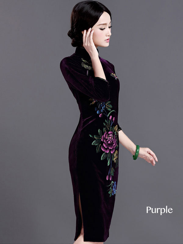 Velvet Midi Qipao / Cheongsam Evening Dress with Half Sleeve