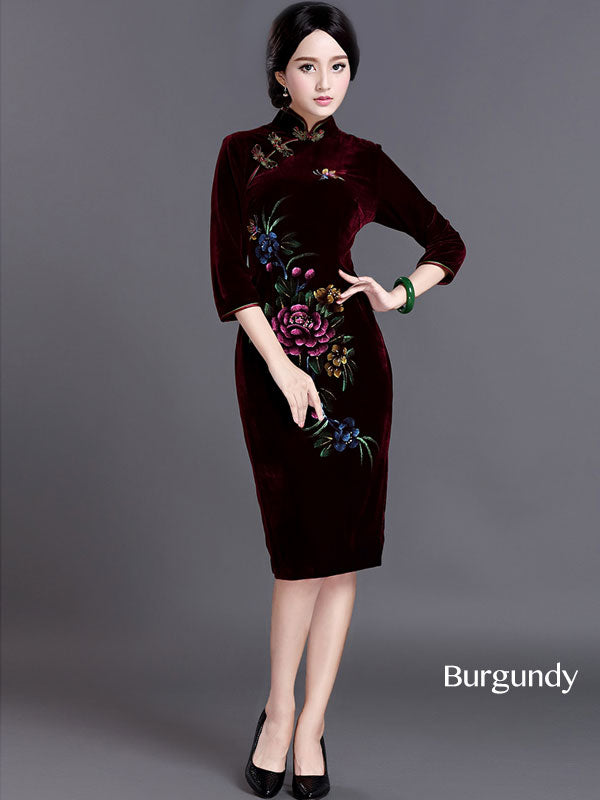 Velvet Midi Qipao / Cheongsam Evening Dress with Half Sleeve
