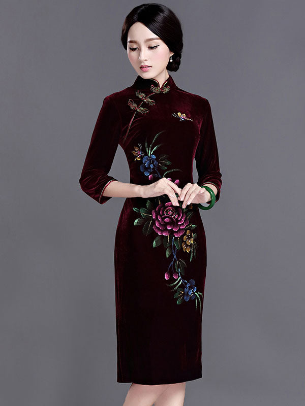 Velvet Midi Qipao / Cheongsam Evening Dress with Half Sleeve