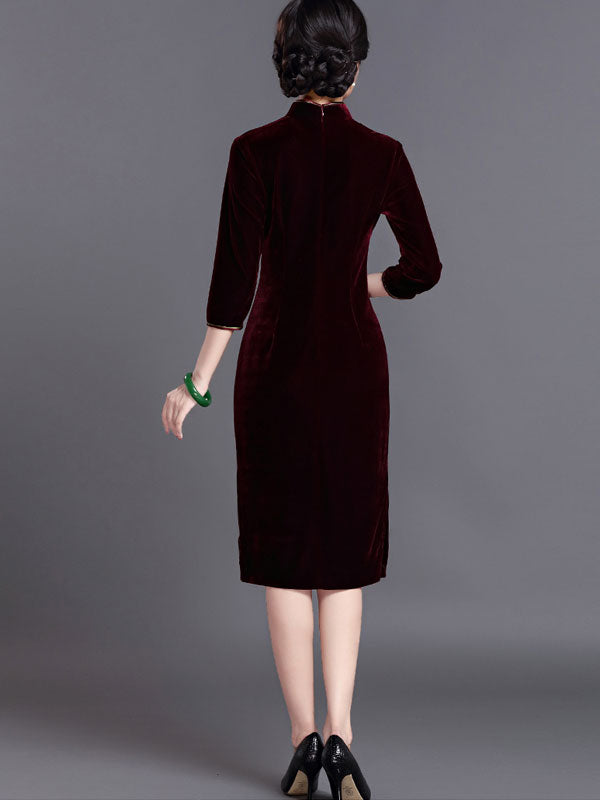 Velvet Midi Qipao / Cheongsam Evening Dress with Half Sleeve