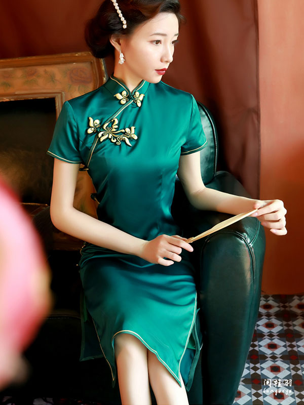 Green Silk Tea-Length Qipao / Cheongsam Party Dress