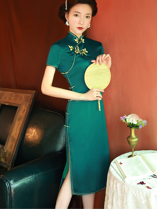 Green Silk Tea-Length Qipao / Cheongsam Party Dress