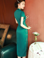 Green Silk Tea-Length Qipao / Cheongsam Party Dress
