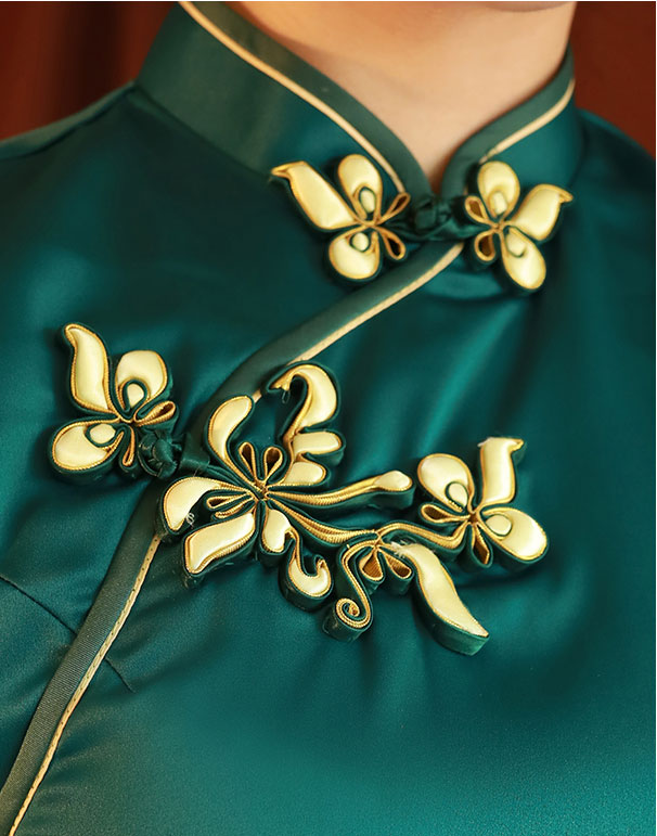 Green Silk Tea-Length Qipao / Cheongsam Party Dress