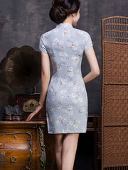 Blue Floral Linen Qi Pao Cheongsam Dress