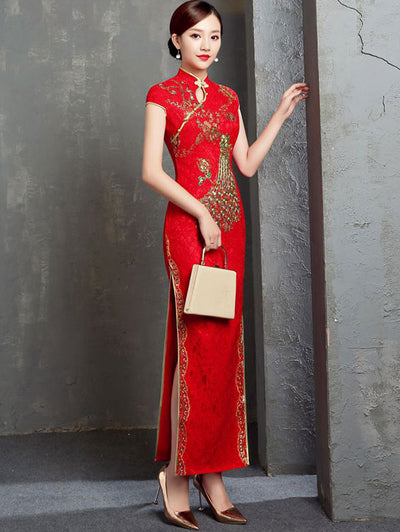 Red Lace Phoenix Full Length Cheongsam / Qipao Wedding Dress