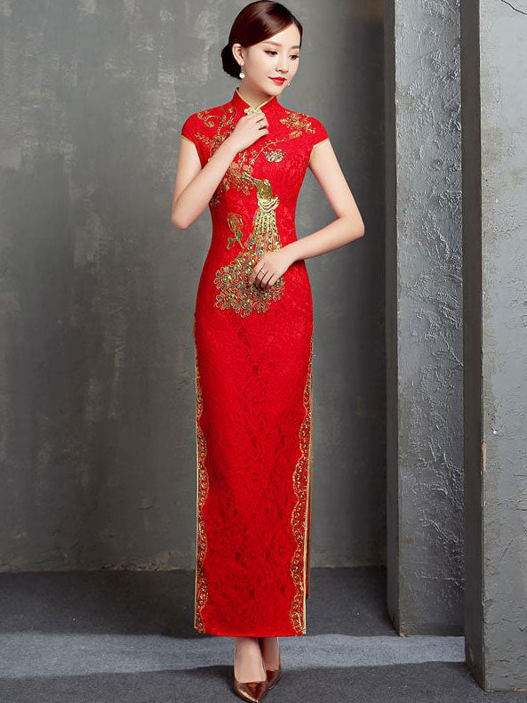 Red Lace Phoenix Full Length Cheongsam / Qipao Wedding Dress