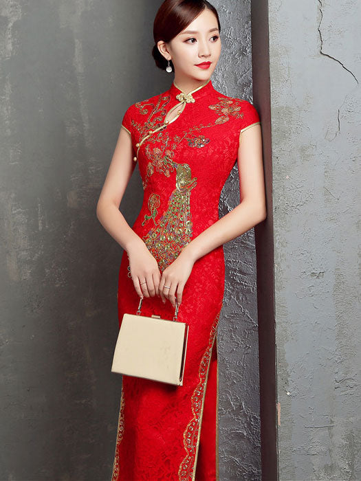 Red Lace Phoenix Full Length Cheongsam / Qipao Wedding Dress
